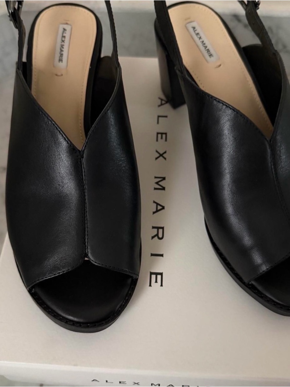 Alex Marie Black Leather Open-Toe Slingback Mules